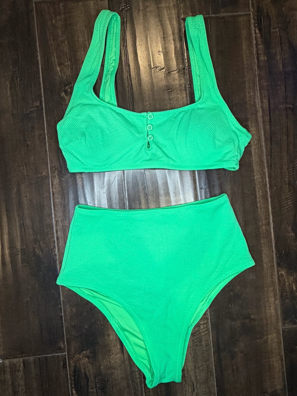 Aerie Green Waffle Textured High Waisted Cheeky Bikini Set Xs/S